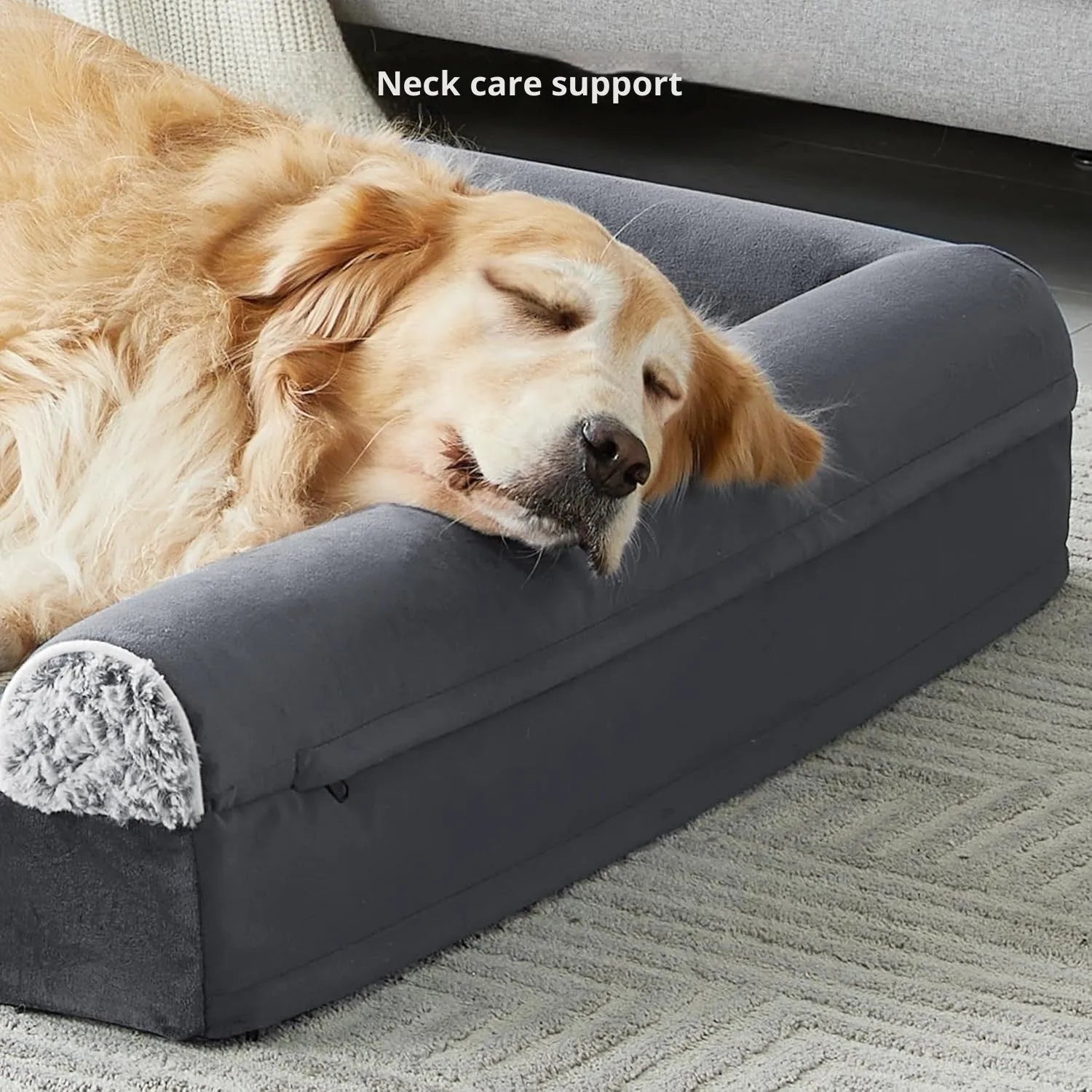 Rectangular cloth dog sleeping mat in gray colour on a floor, with soft padding for indoor use