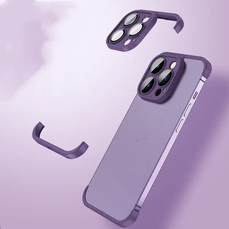 Dark purple corner pad TPU iPhone case showing back with integrated glass lens film over cameras.