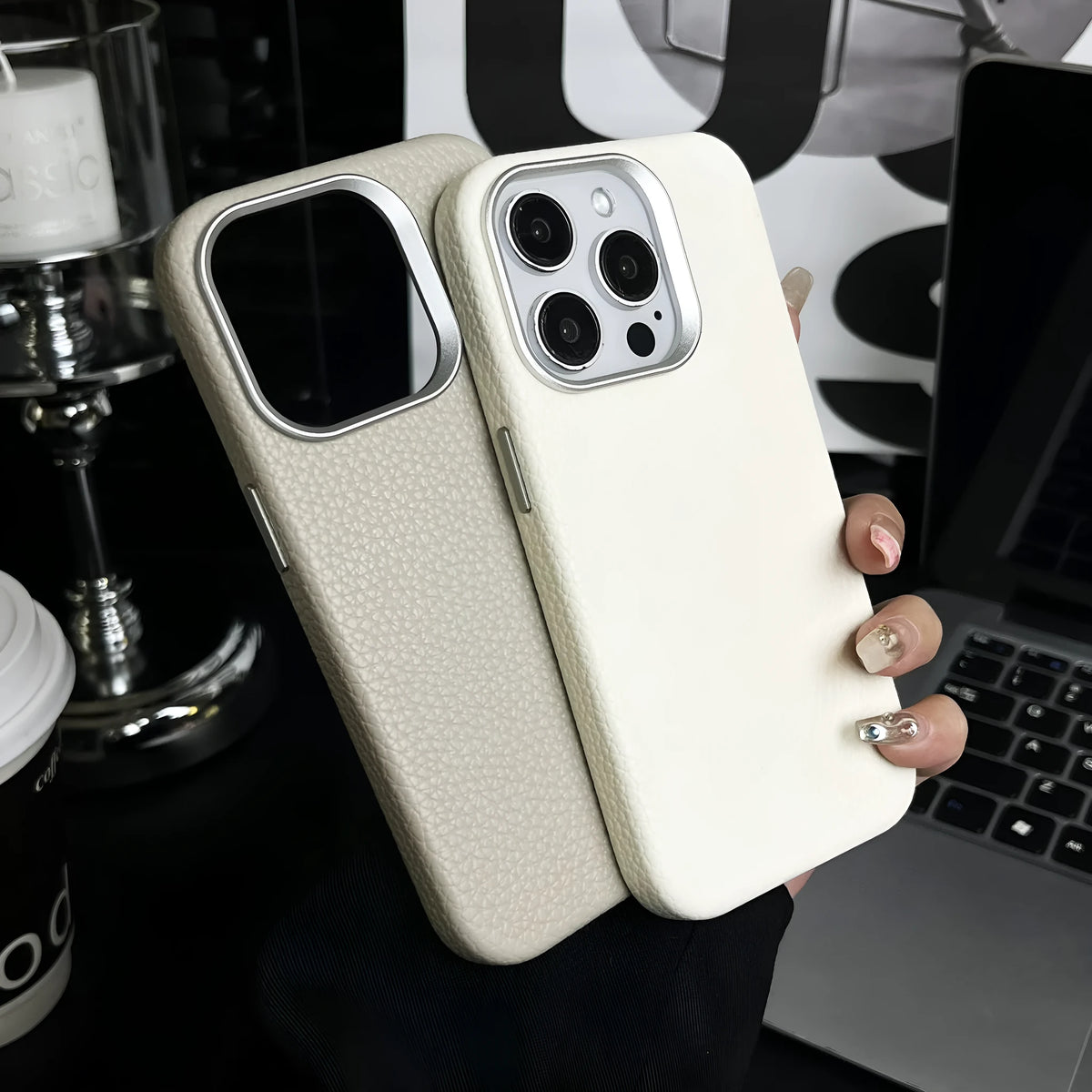 Plain leather magnetic phone case with lychee pattern in dark green, drop-resistant protective cover for iPhone