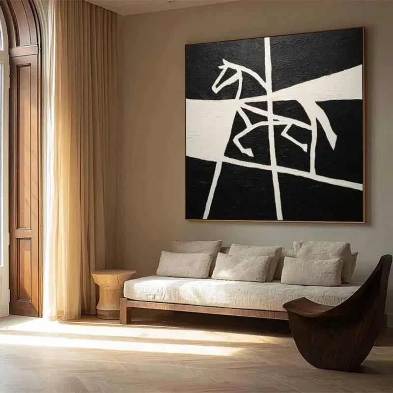 Hand-painted oil painting canvas wall art with black and white horse motif, square modern design, rolled unstretched frameless