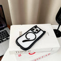 Transparent acrylic TPU phone case with magnetic ring for iPhone 17 models on a table.