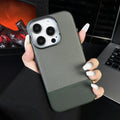 Black iPhone case with dragon scale texture and leather stitching, showing built-in magnetic ring on the back.