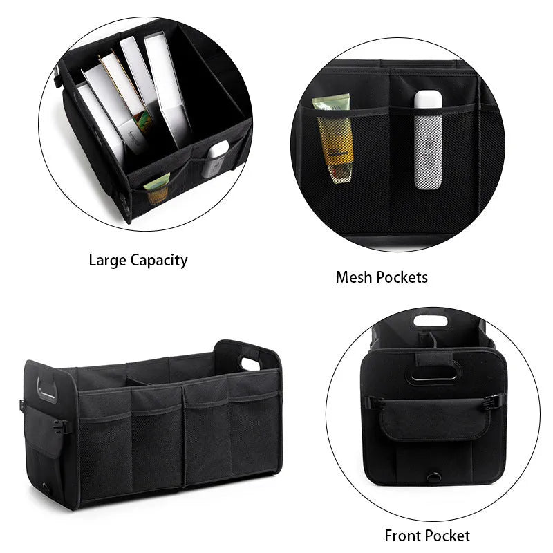 Black foldable fabric car boot storage box with handle and multiple compartments