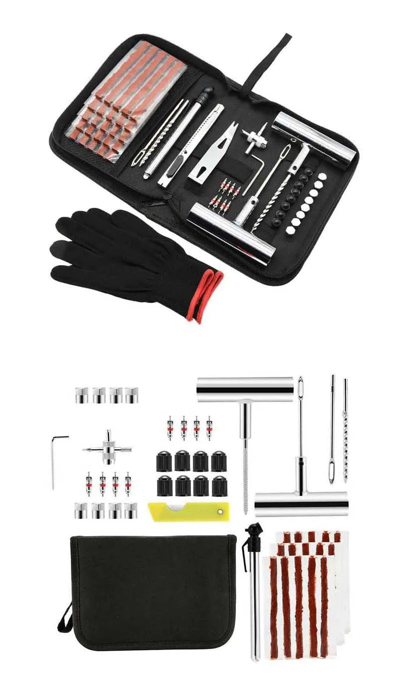 43-piece steel tyre repair kit in compact cloth storage bag for vehicle puncture emergencies