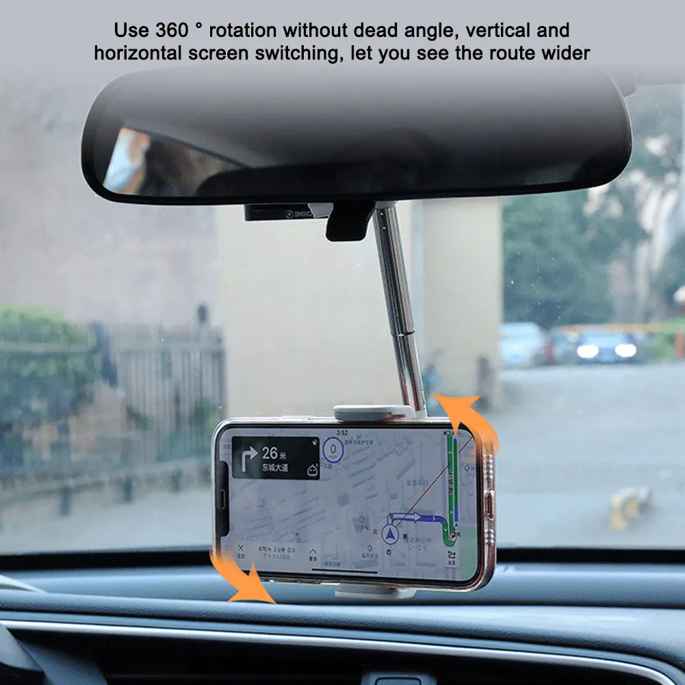 Black car dashboard mobile phone holder showing 360-degree rotation mechanism and foam padding