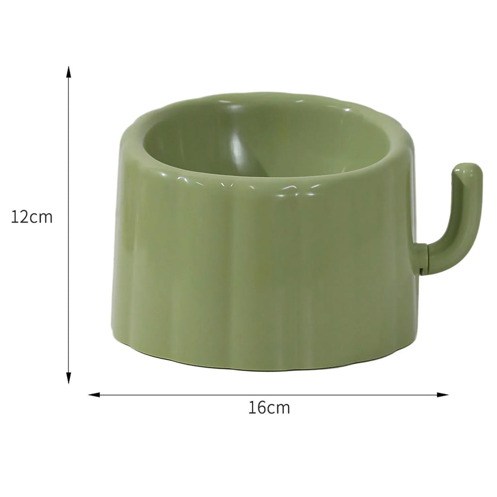 Dark green ceramic cat bowl on a raised cactus-design stand with wide rim and anti-slip base.