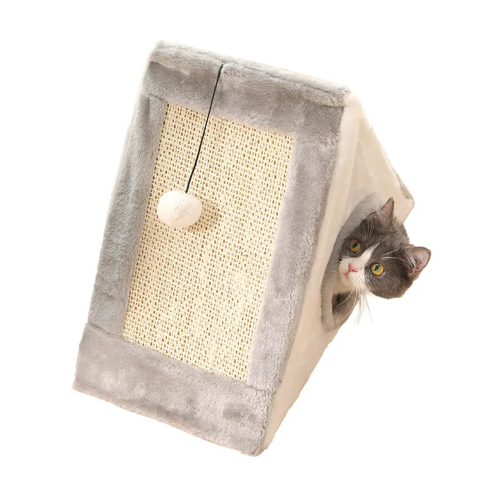 Triangular cat bed with integrated sisal scratching post in grey-white and light brown-beige colour options