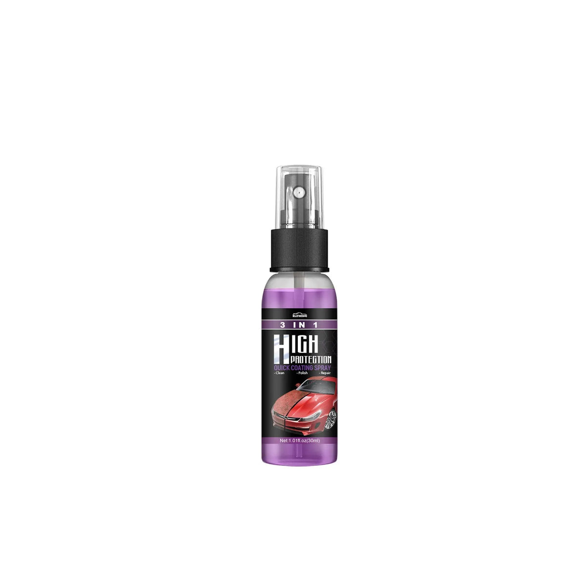 3-in-1 high protection car paint spray coating agent in 30ml and 100ml PE bottles with clear spray nozzle