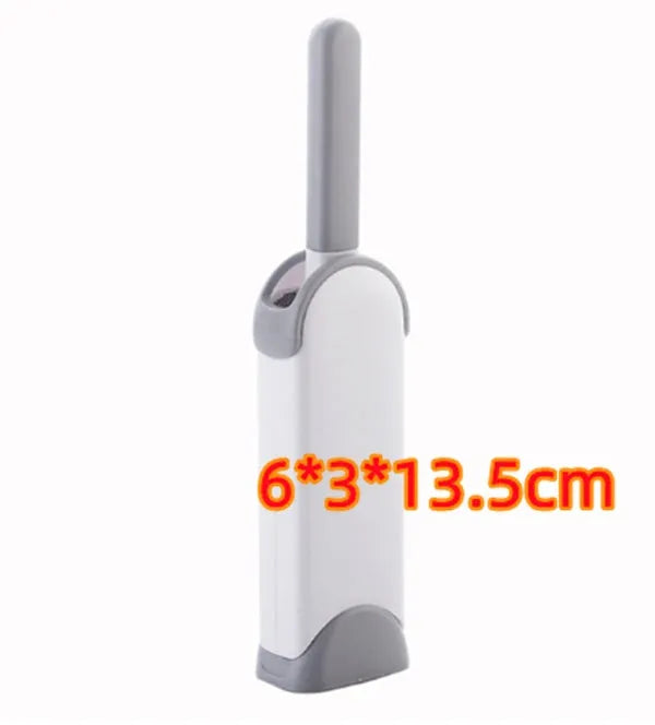 Blue self-cleaning pet hair remover brush with double-sided roller next to its cleaning base.