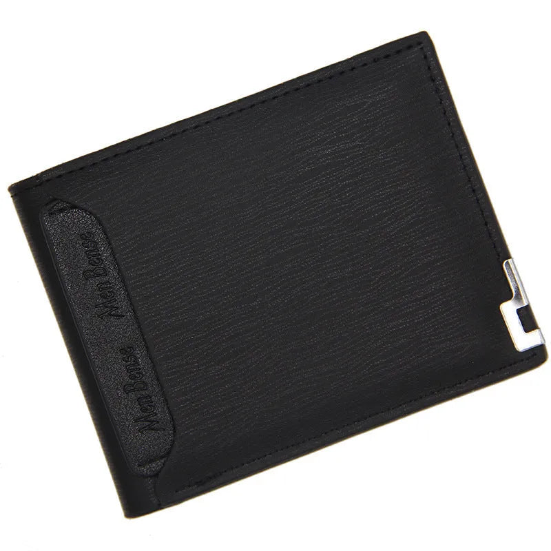 Men's black PU leather short wallet showing iron-edge card-picking design.