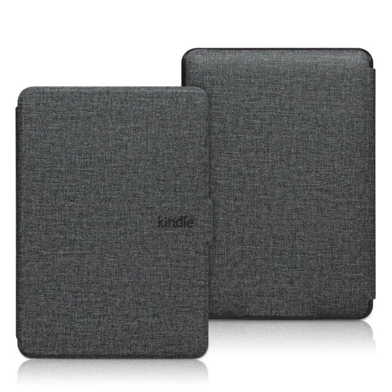 Linen-textured leather hard case for Kindle Paperwhite e-reader with magnetic closure, shown in purple colour.