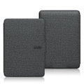 Linen-textured leather hard case for Kindle Paperwhite e-reader with magnetic closure, shown in purple colour.
