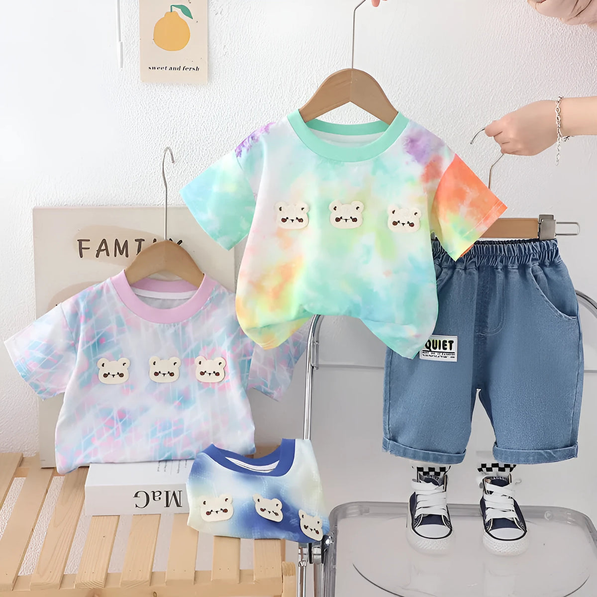 Baby suit three bear short sleeve two-piece set in cotton green colour for 80-130cm height