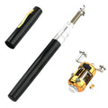 Portable telescopic pen fishing rod collapsed to 20.5cm next to its detachable plastic reel, shown in gold colour.