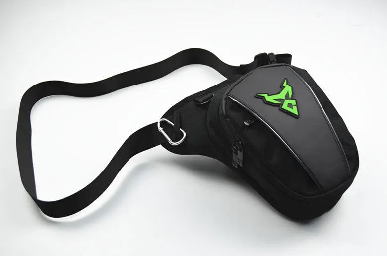 Motorcycle rider's leg bag in 1200D Oxford cloth shown in blue, with crossbody strap.