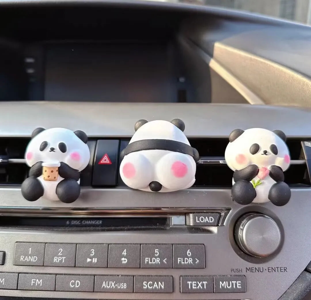 Cute panda car vent perfume decoration clip in milk tea, flower, or back panda style.