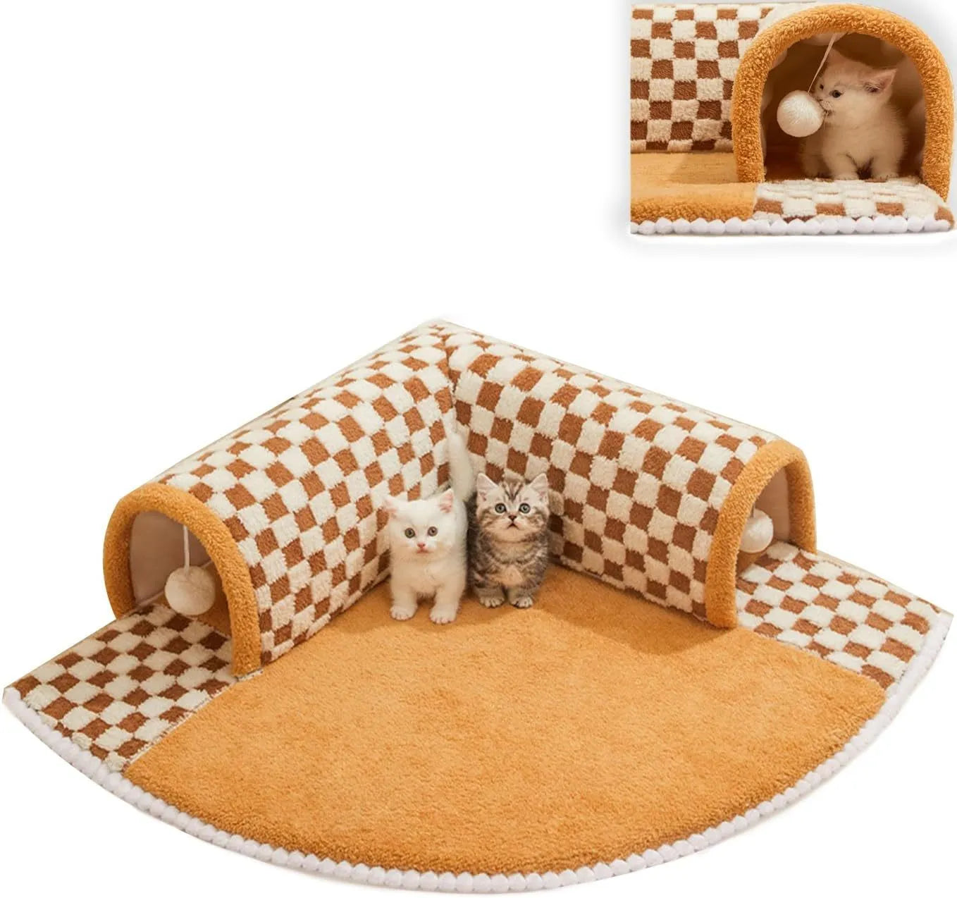 Brown plaid collapsible cat tunnel bed with central mat on a wooden floor.