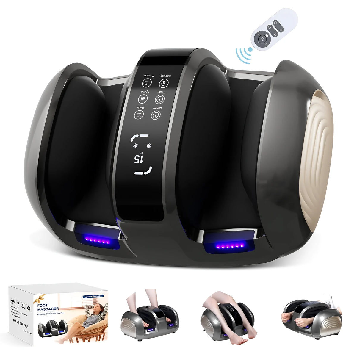Black 3D foot and calf massager with heat, remote control, and removable washable cloth cover