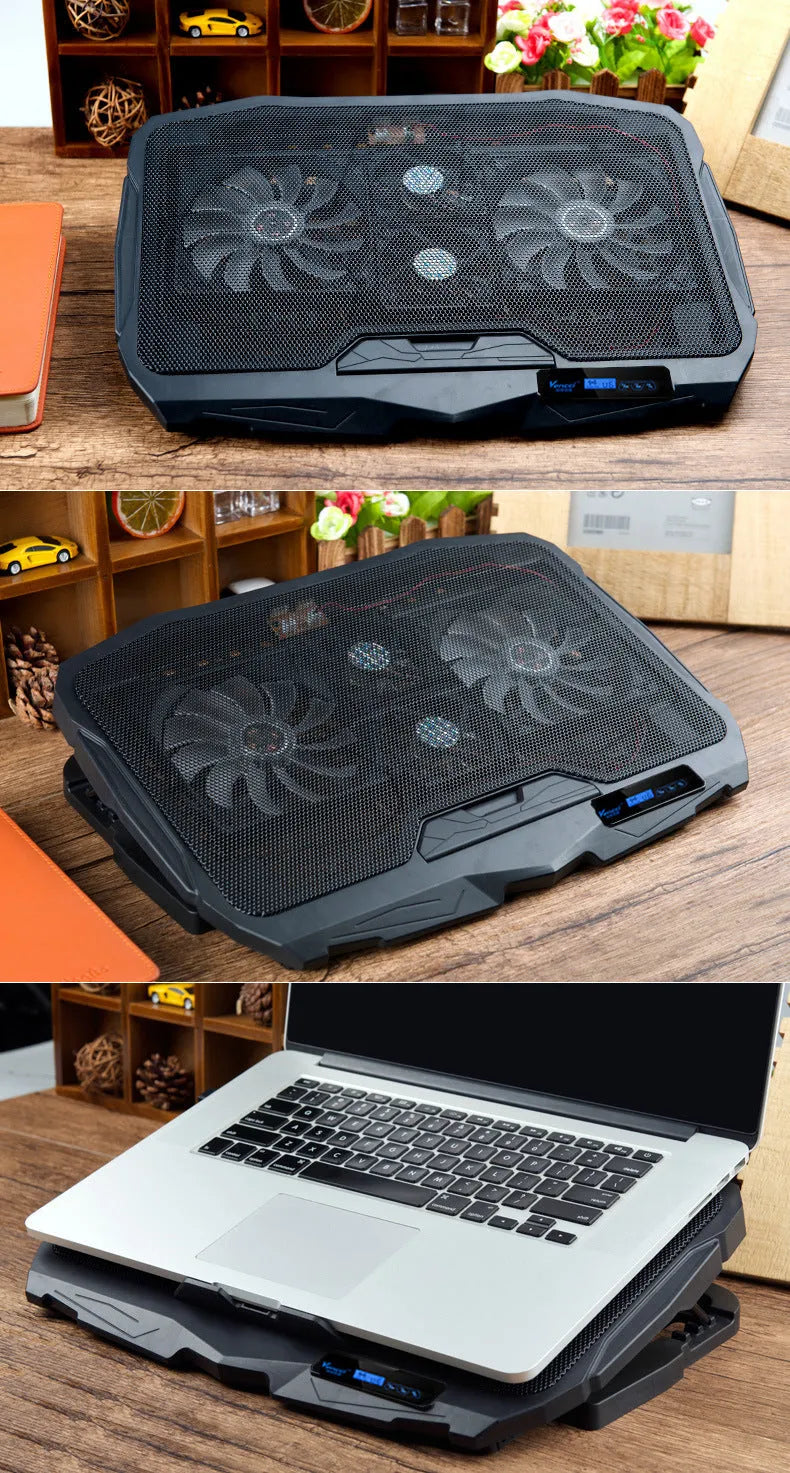 Black universal laptop cooling stand with copper heat sink plate and variable speed control