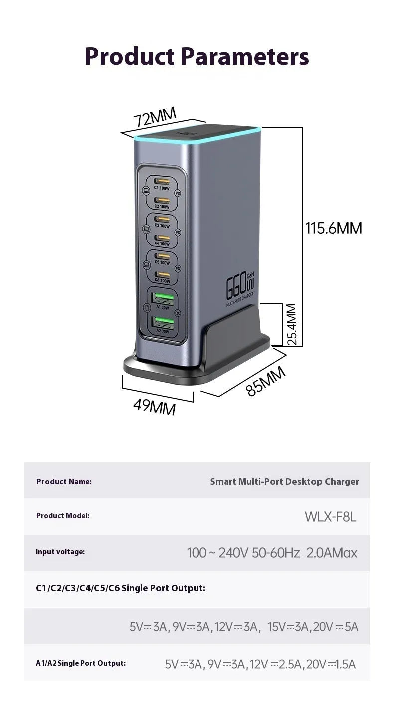 660W Gallium Nitride desktop fast charger with multiple Type-C ports on a wooden desk