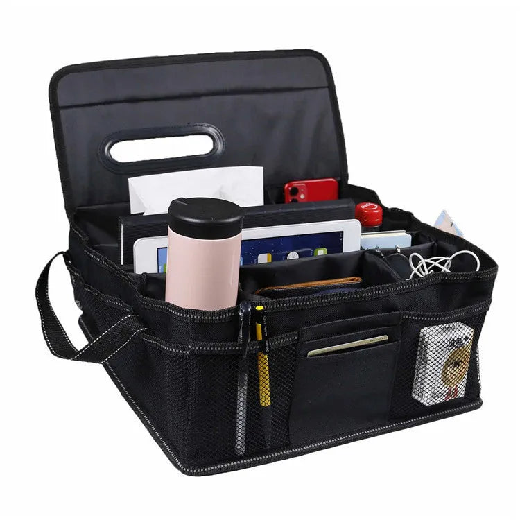 Black Oxford cloth car boot storage box with dimensions 33cm by 33cm by 16cm
