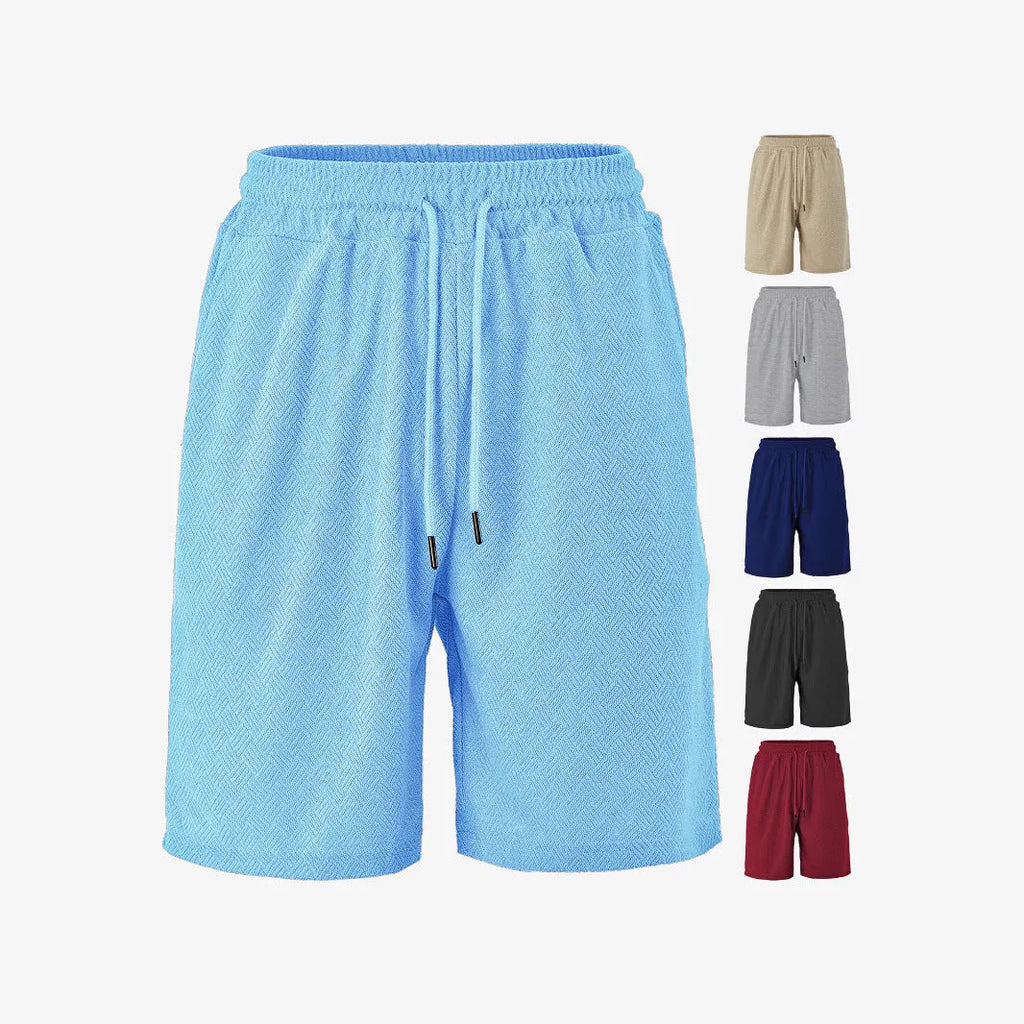 Men's loose fit towel jacquard casual shorts in khaki showing textured fabric and relaxed leg opening for summer