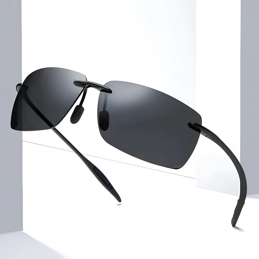 Light rimless TR90 sunglasses for men with black frame and TAC UV400 lens