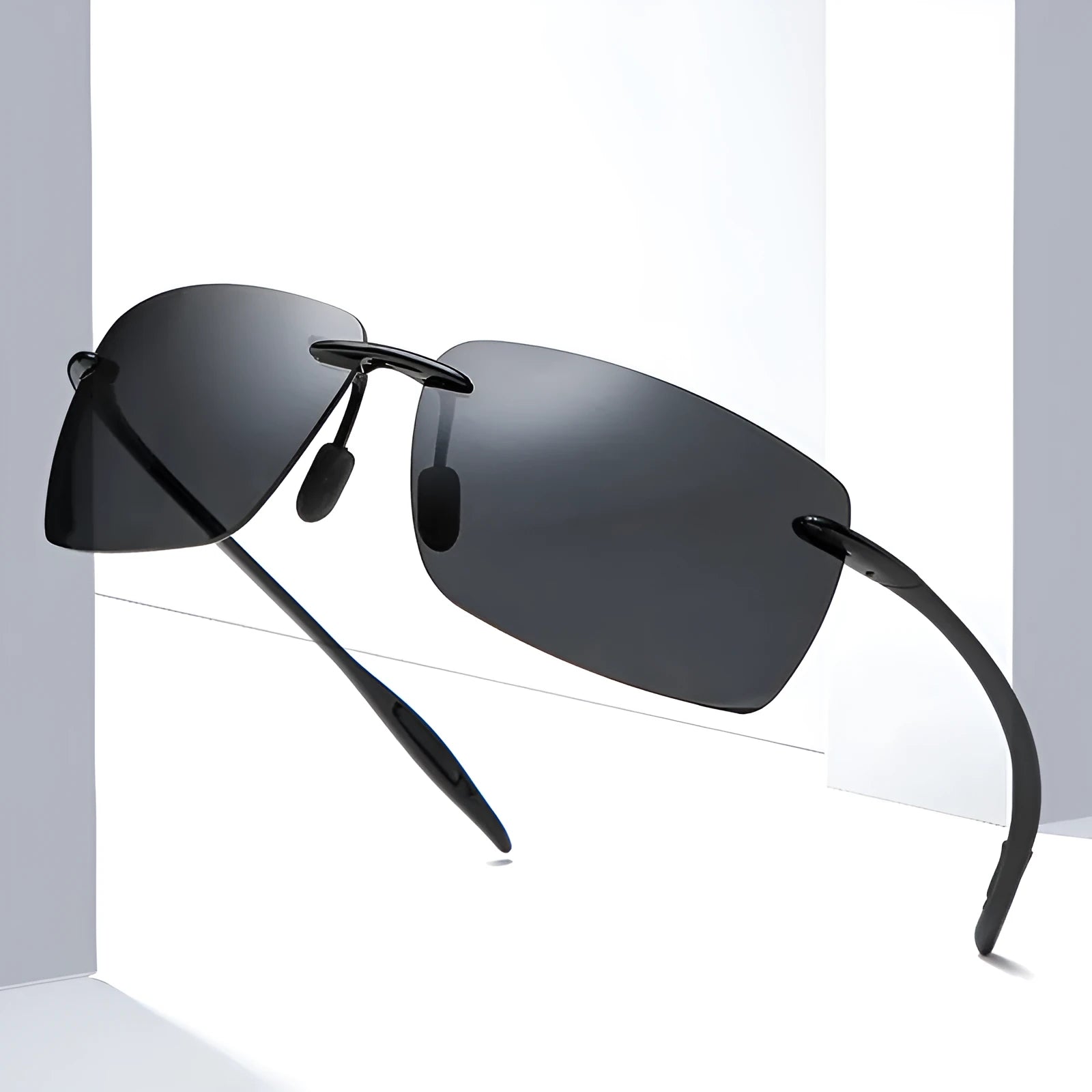 Light rimless TR90 sunglasses for men with black frame and TAC UV400 lens