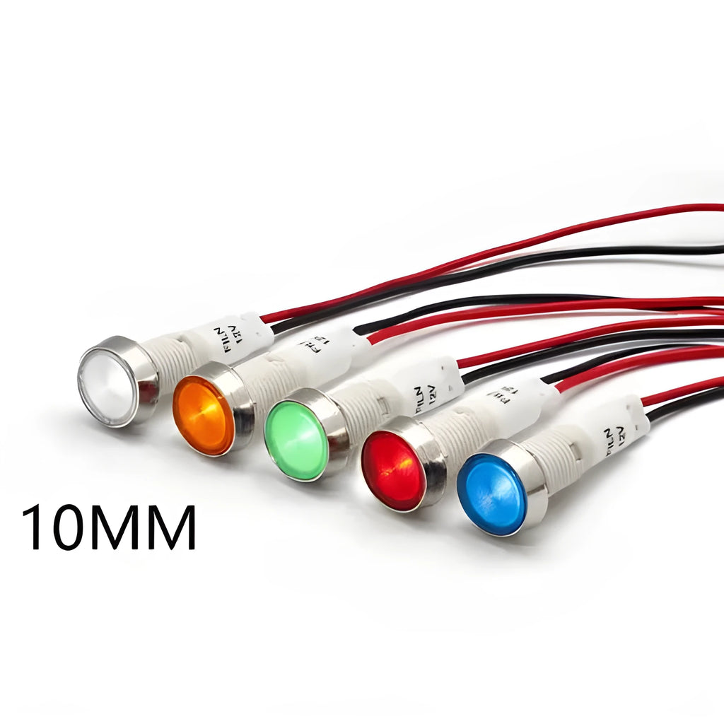 10mm waterproof indicator light with stainless steel edge in multiple colour options on a white background.