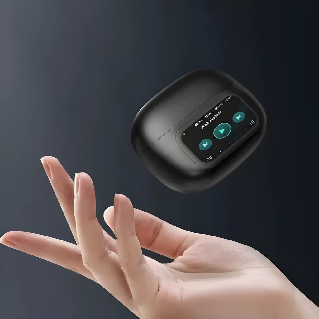 Smart colour screen ear clip Bluetooth headset in black with display screen showing battery