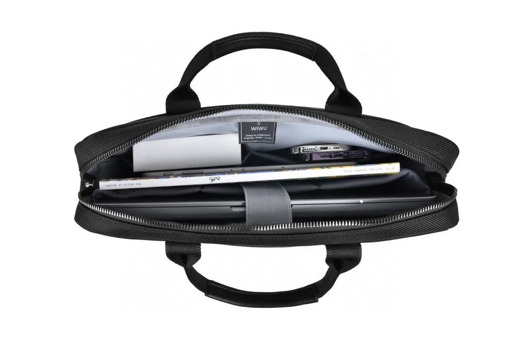 Black Oxford cloth laptop handbag showing multi-pocket organisation and expansion feature.