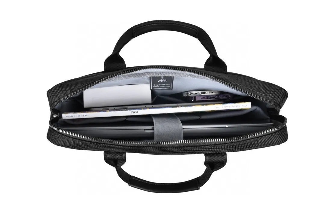 Black Oxford cloth laptop handbag showing multi-pocket organisation and expansion feature.
