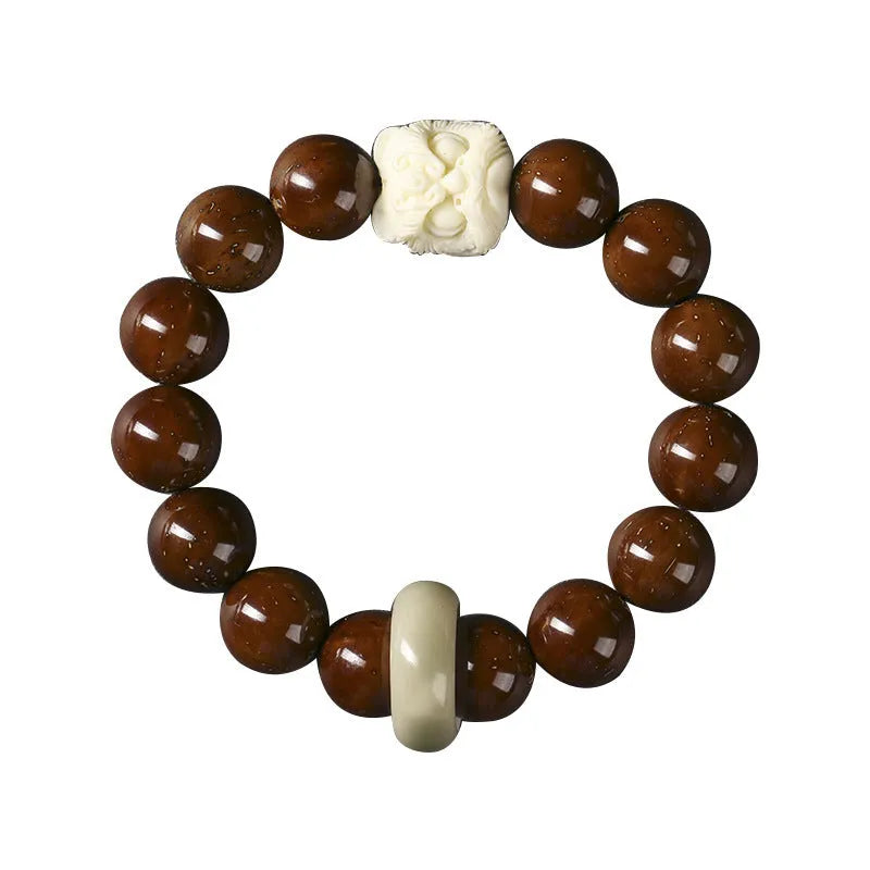 Hand-woven beaded circle bracelet with 13mm round beads in ivory nut, sandalwood, or yellow gradient bodhi style.
