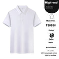 White lapel collar polo t-shirt on a hanger, showing short sleeves and front button placket.