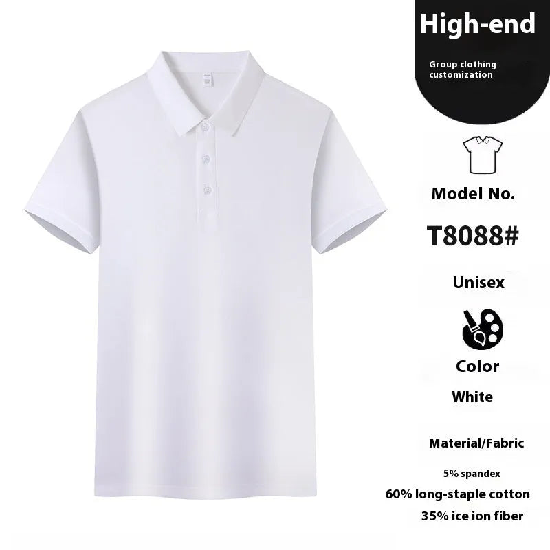 White lapel collar polo t-shirt on a hanger, showing short sleeves and front button placket.
