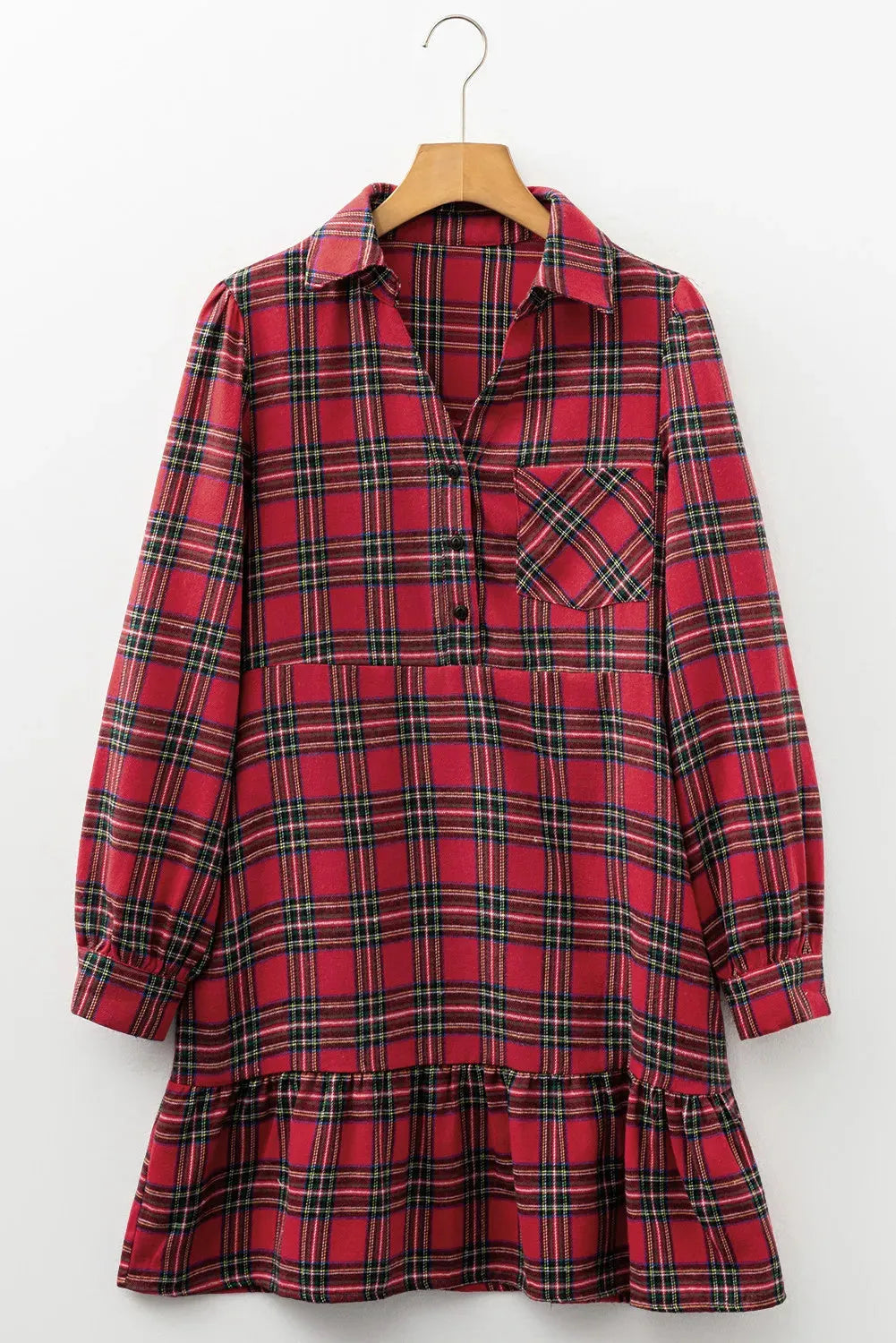 Red plaid women's mini dress with shirt collar, long sleeves, half-button front, and ruffle hem.