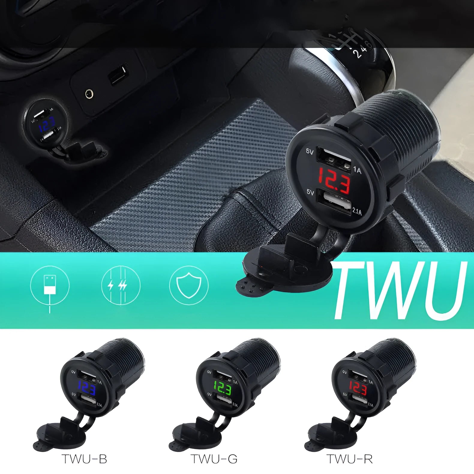 Waterproof motorcycle USB car charger with cigarette lighter socket and LED indicator options