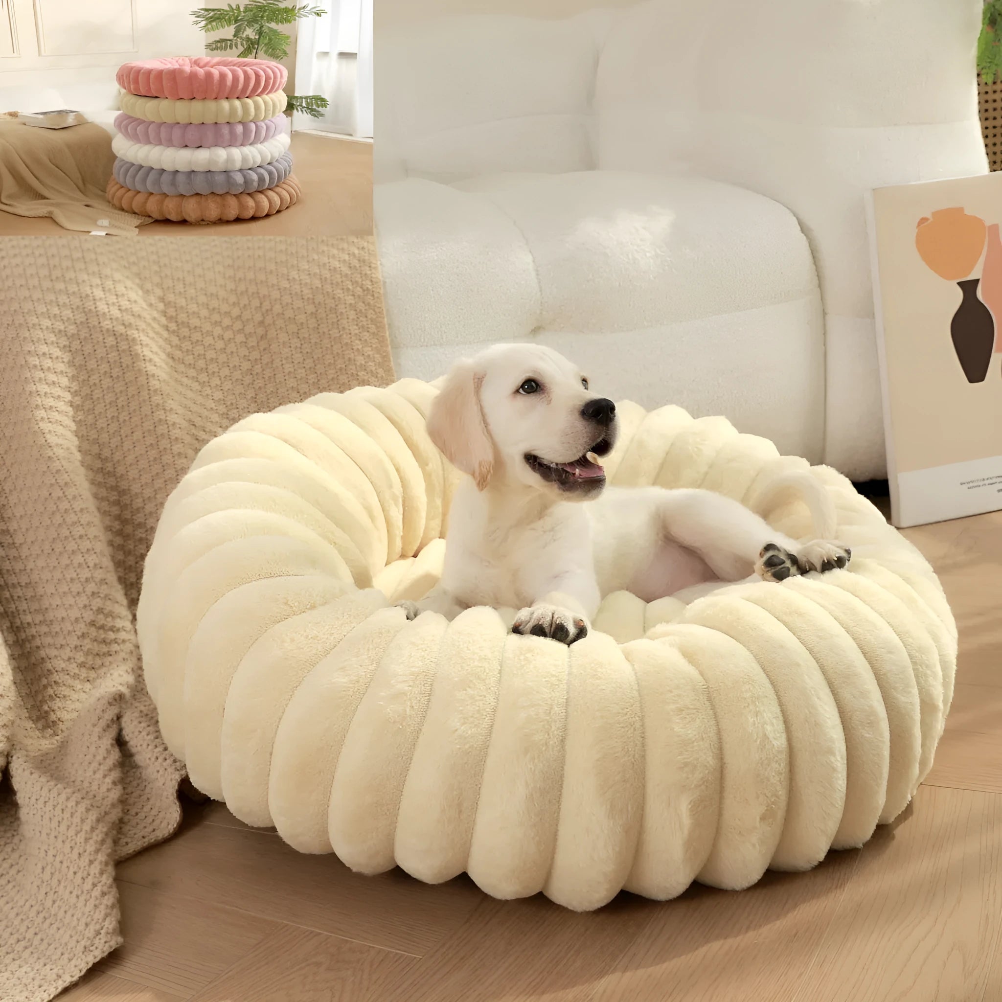 Soft beige rabbit plush round pet bed with high sides forming a nest, shown on a wooden floor.