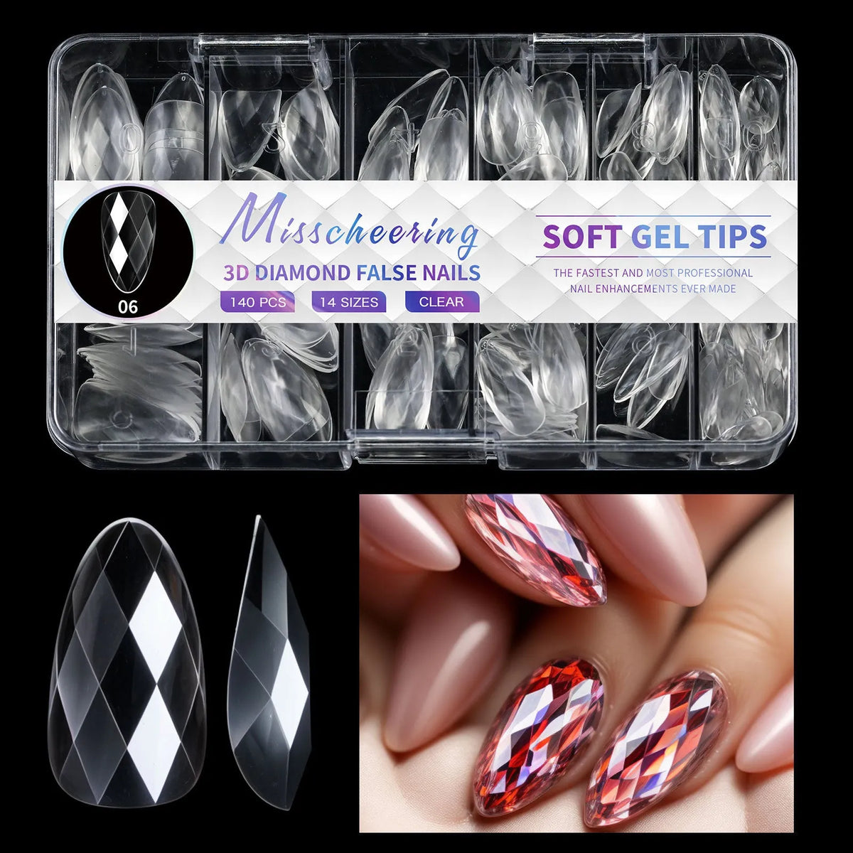 Set of 3D diamond texture long artificial nail tips in various colours from Diamond Nail collections.