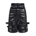 Black men's PU leather cropped shorts with leather ring detailing on a model
