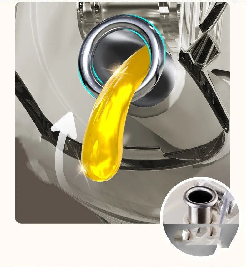 Warm grey glass oil spray bottle with a black lid and switch for selecting spray or pour mode.