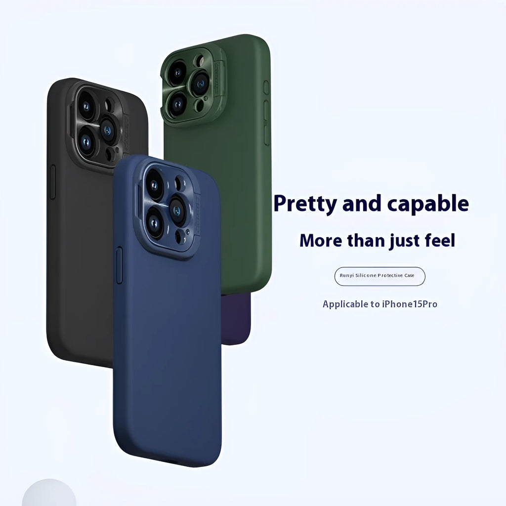 Magnetic liquid silicone phone case with invisible bracket in black, blue, green, or dark purple for iPhone models.