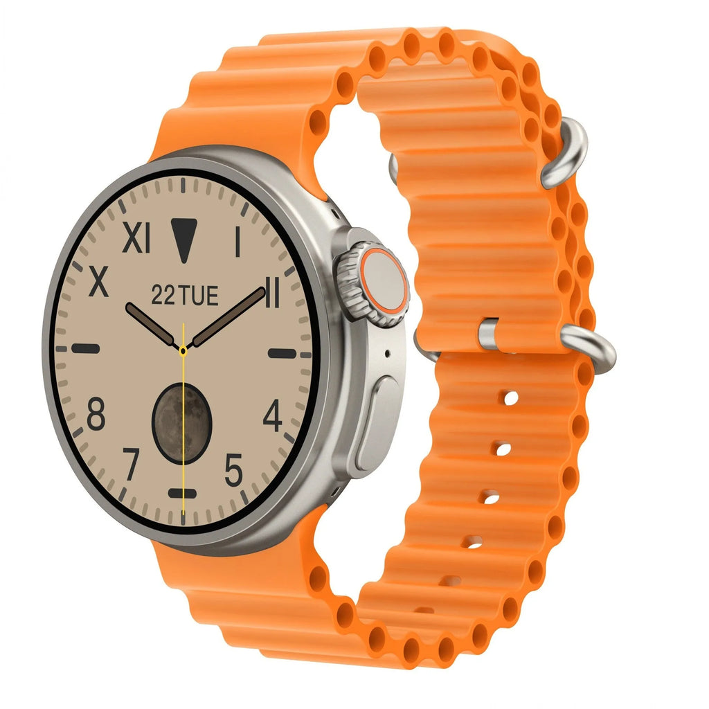 K9 smart watch with round screen showing health metrics, zinc alloy case, silicone strap in multiple colours
