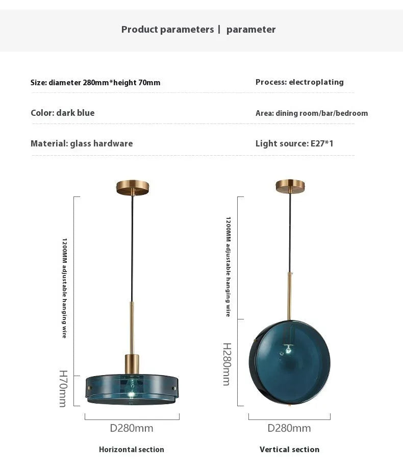 Modern minimalist glass single-head droplight pendant ceiling lamp, 280mm, 220V, 5 Watt warm light, horizontal or vertical style.