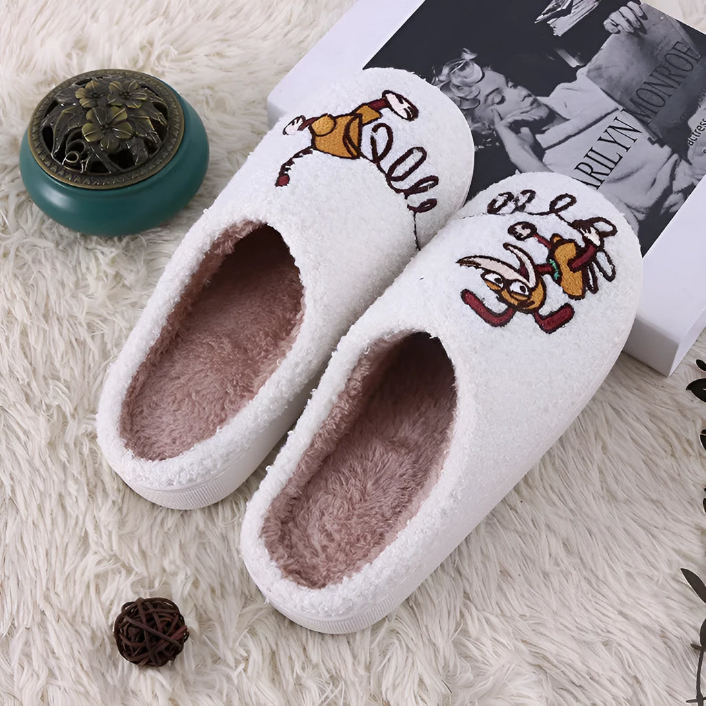 White cartoon pattern plush slippers with toe holder and non-slip rubber sole
