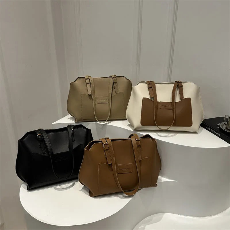 Horizontal square PU tote bag with sandwich pocket and double shoulder straps in neutral colour
