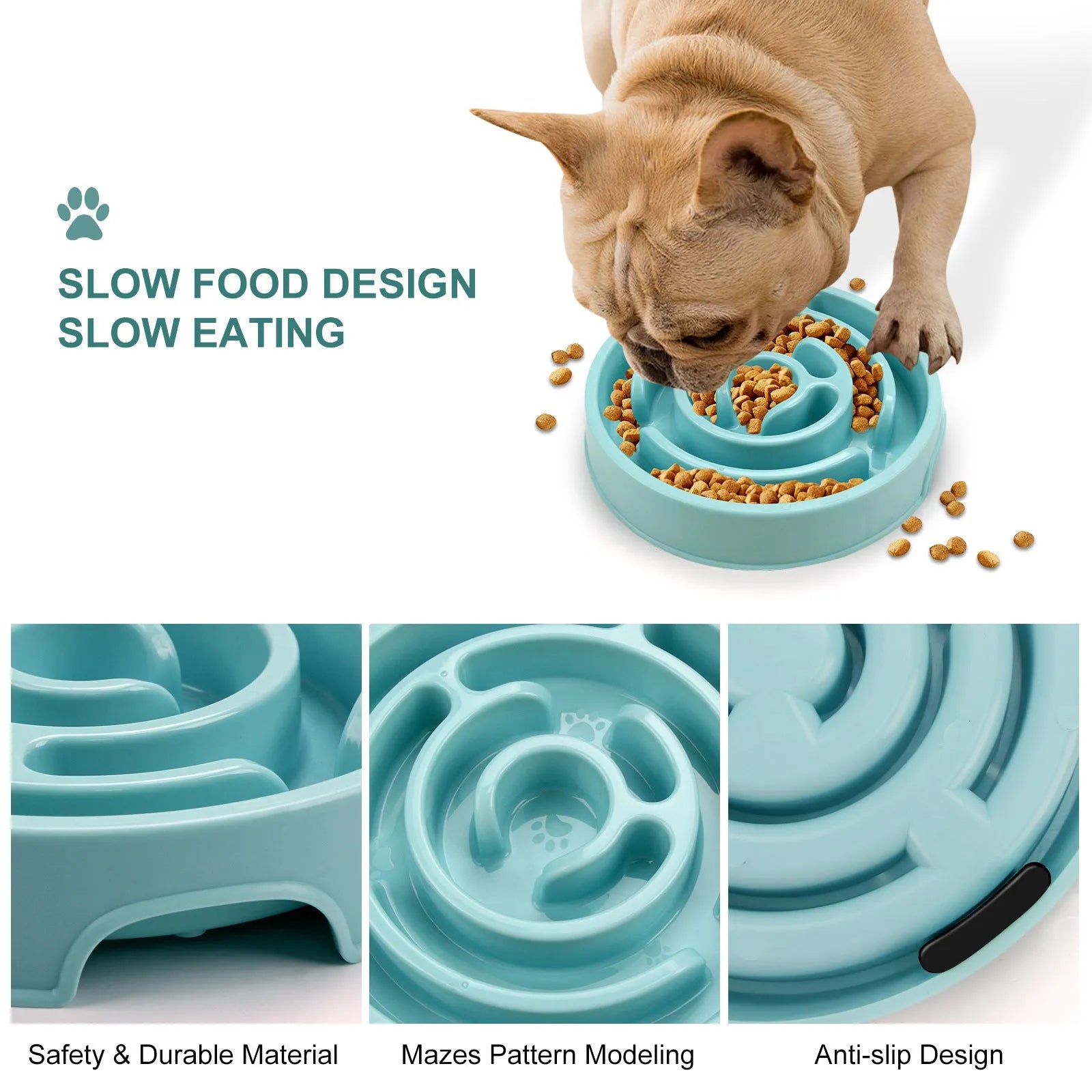 Blue silicone slow feeder dog bowl with raised labyrinth pattern design for large breeds