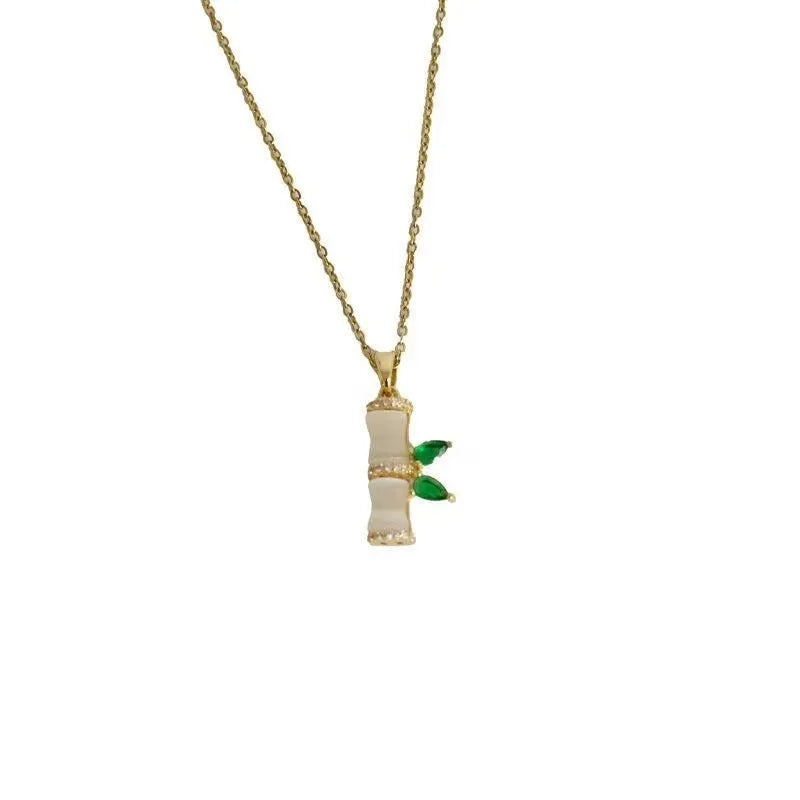 Green bamboo pendant necklace for women with O-ring chain and electroplated zinc alloy finish