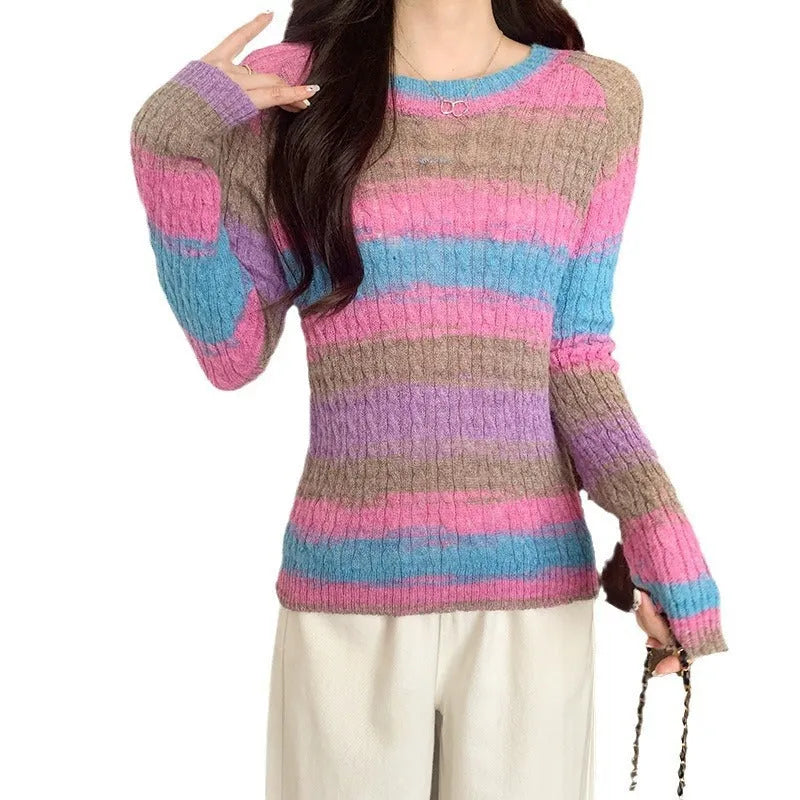 Women's striped round neck pullover sweater in pink or purple, slim fit long sleeve 50cm top