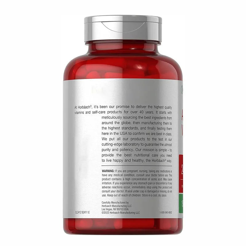 Bottle of 150 apple vinegar health supplement capsules on a white background.